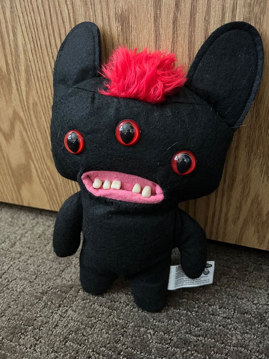 REEK-O Fuggler Funny Ugly Monster, Wide Mouth, 3-Eyed Black Bat with Red Mohawk Plush Toy
