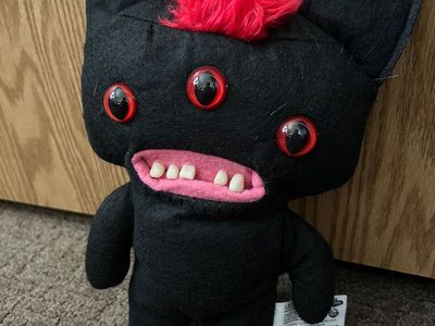 REEK-O Fuggler Funny Ugly Monster, Wide Mouth, 3-Eyed Black Bat with Red Mohawk Plush Toy