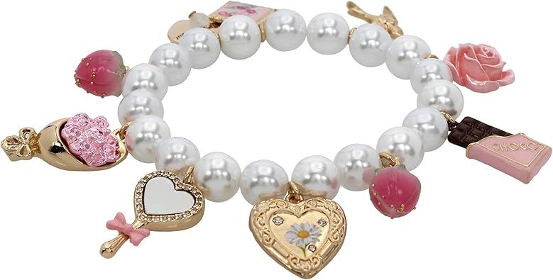 BETSEY JOHNSON WOMEN'S SWEETHEART CHARM PEARL STRETCH BRACELET-NEW W TAG!!!