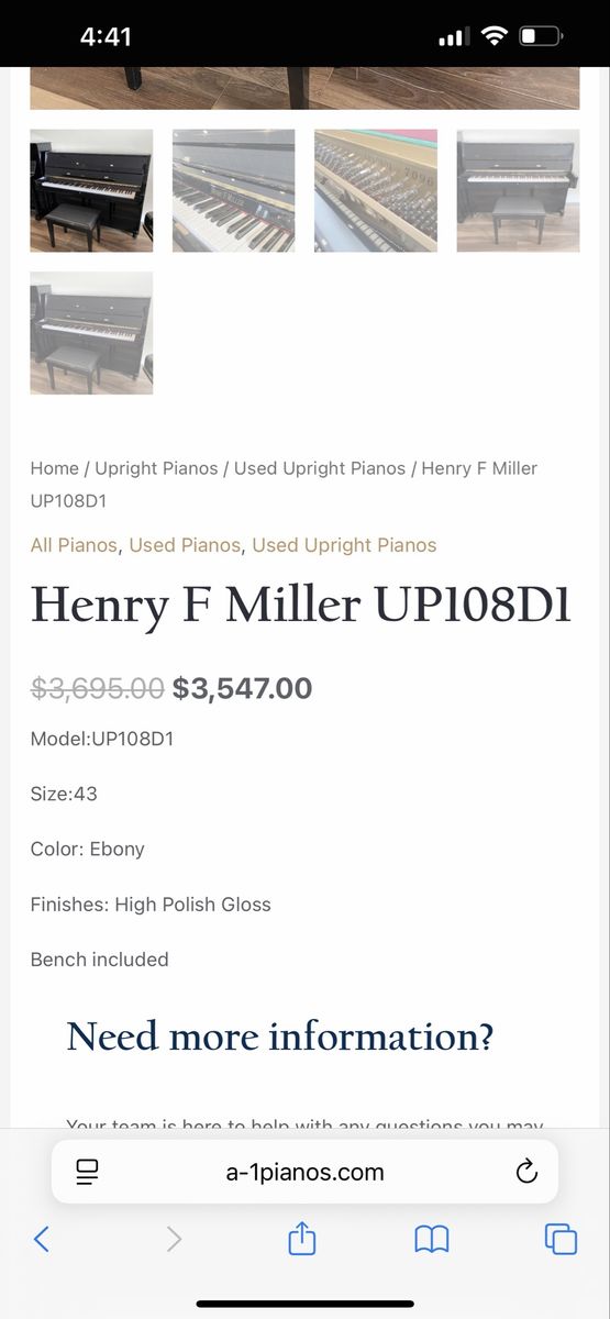 Henry F Miller UP108D1 Upright Piano - Ebony High Polish Gloss with Bench