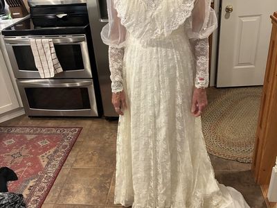 Vintage Long-Sleeve Lace Wedding Dress with High Neck and long Train