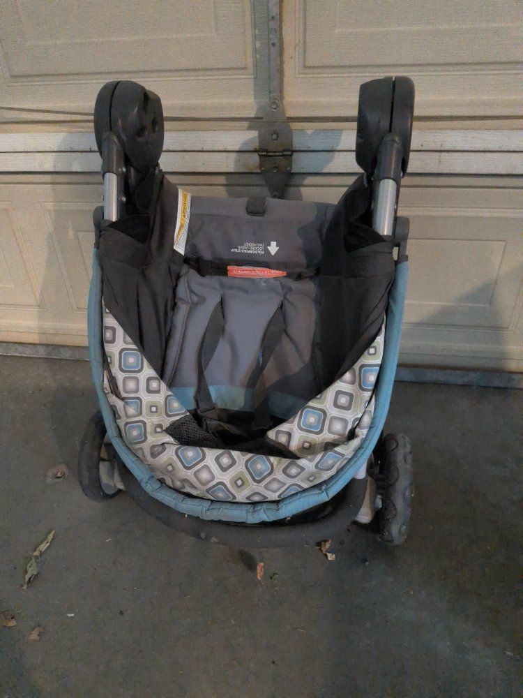 Foldable Single Baby Stroller - Black and Blue Patterned