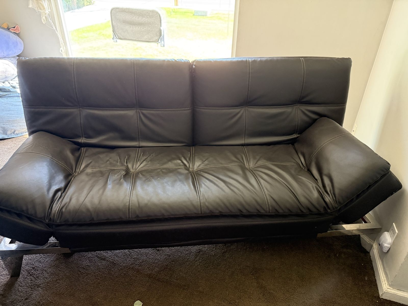 Black Faux Leather Convertible Futon Sofa Bed with Chrome Legs