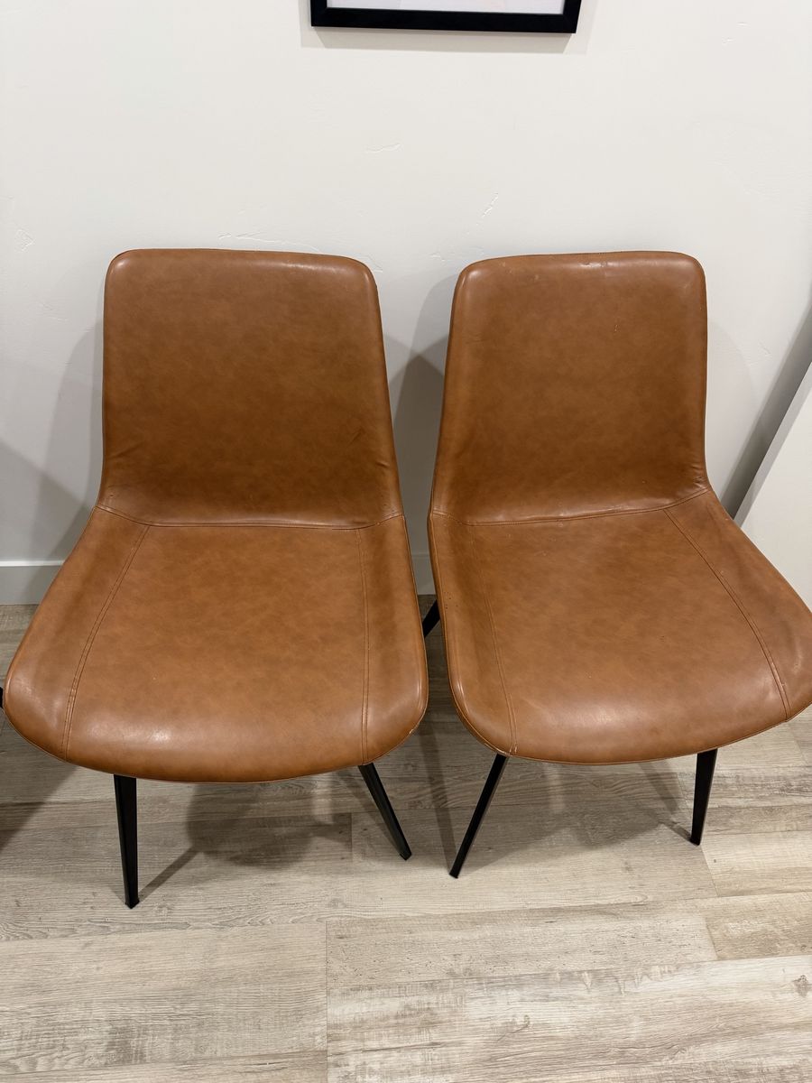 Set of 2 Tan Faux Leather Dining Chairs with Black Metal Legs - Modern Style