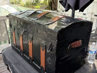 Vintage Black Steamer Trunk - Antique Storage Chest with Leather Straps & Metal Accents