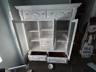 Elegant White Armoire Cabinet with Glass Doors & Ornate Drawer Pulls - Ample Storage