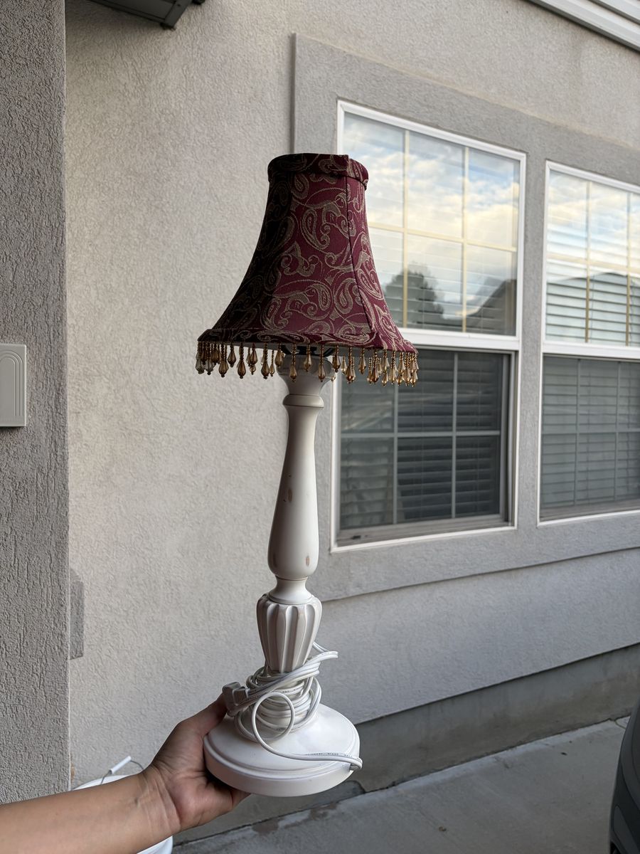 Vintage White Table Lamp with Burgundy Paisley Beaded Shade