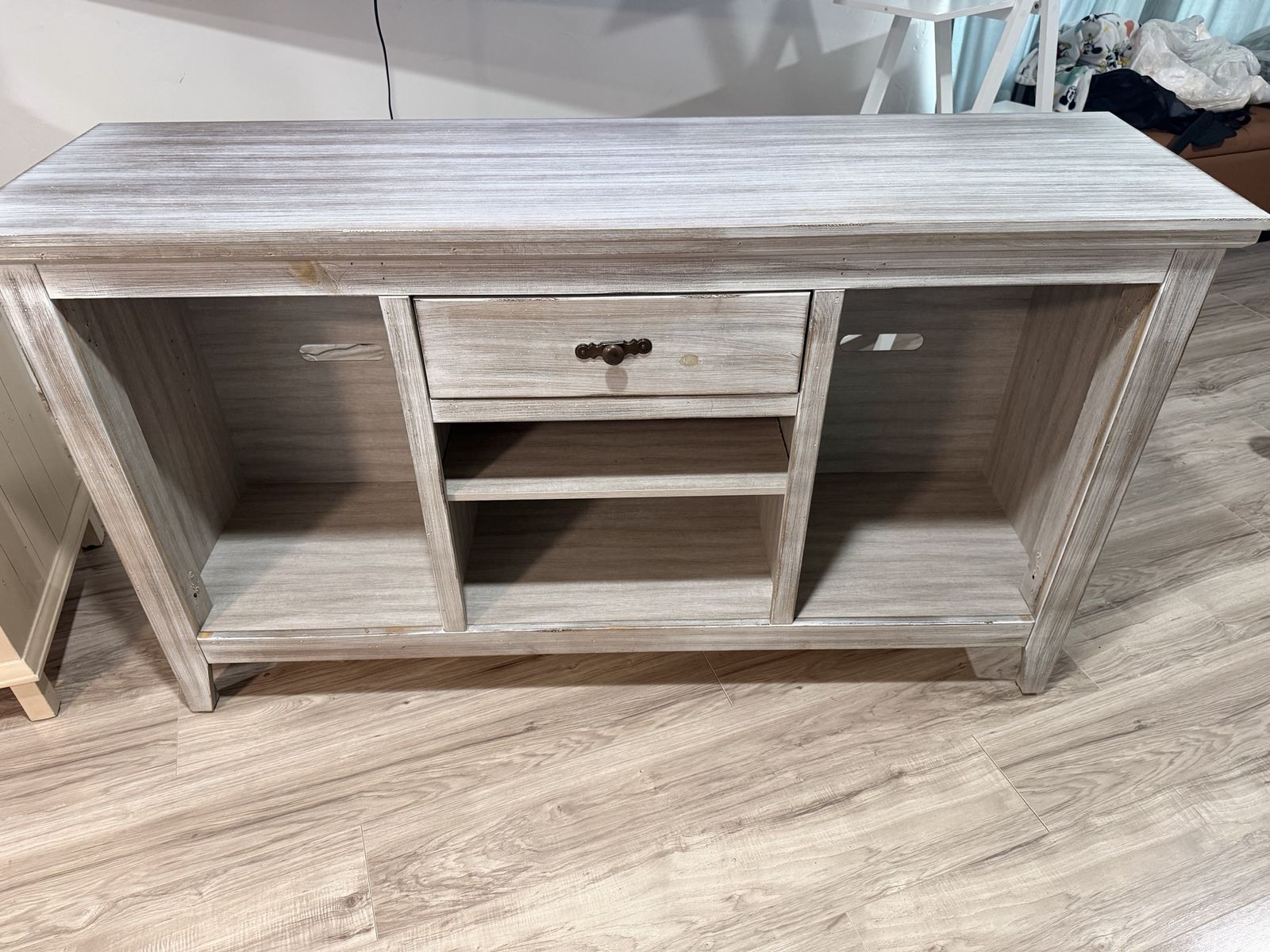 Farmhouse Style TV Stand Console - Whitewash Wood Entertainment Center with Storage
