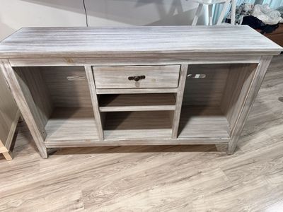 Farmhouse Style TV Stand Console - Whitewash Wood Entertainment Center with Storage
