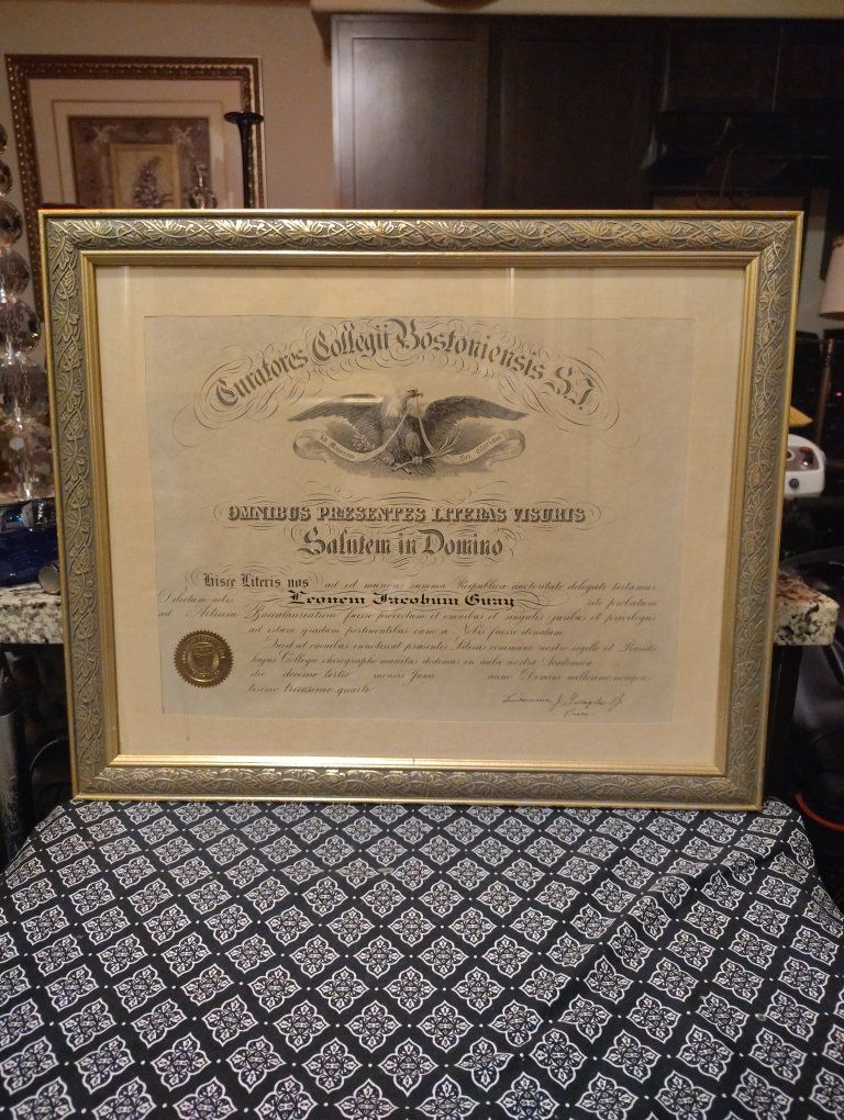 Antique 1934 Boston College Framed Latin Diploma In A Vintage Ornate Gold Frame.