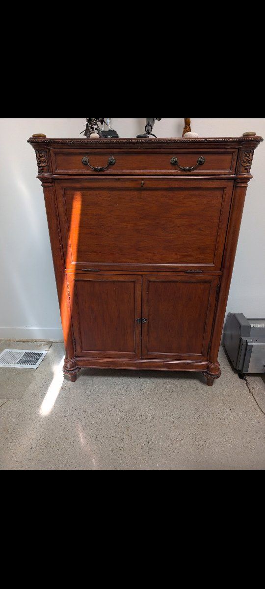 Antiques Roadshow Carved Wood Secretary Desk Cabinet with Drop-Down Front and Storage, Dark Wood Finish