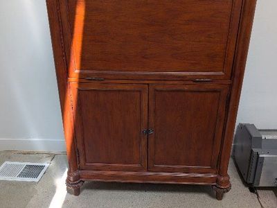 Antiques Roadshow Carved Wood Secretary Desk Cabinet with Drop-Down Front and Storage, Dark Wood Finish