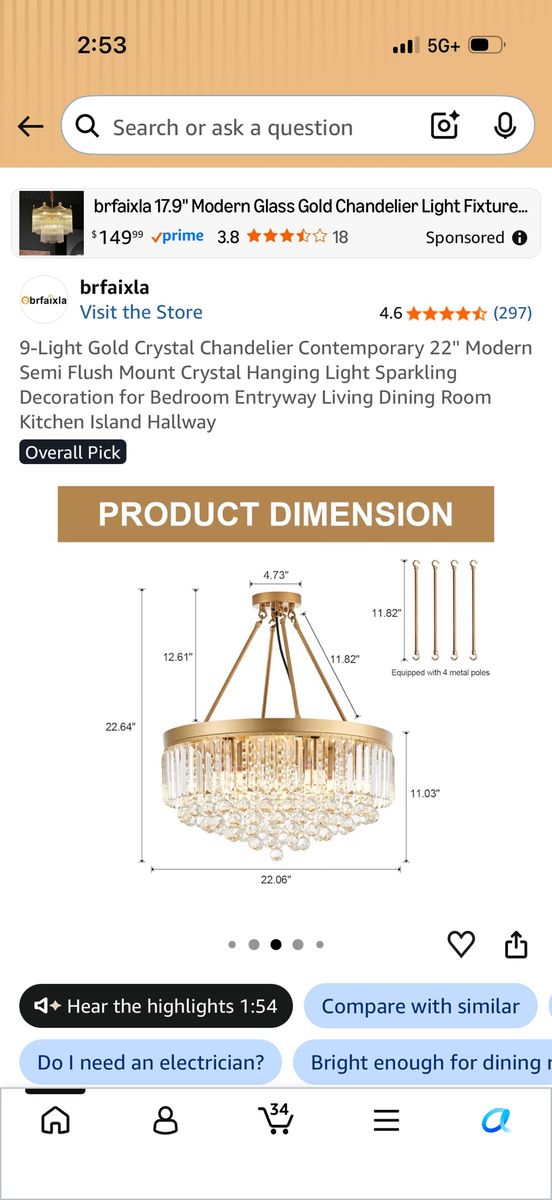 Brfaixla 22" 9-Light Gold Crystal Chandelier, Contemporary Semi Flush Mount Light Fixture