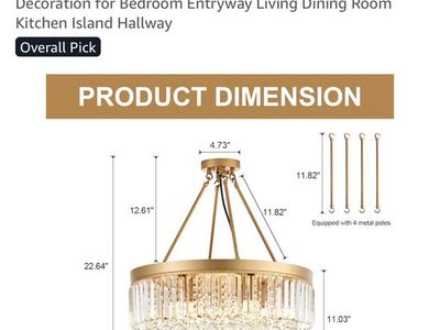 Brfaixla 22" 9-Light Gold Crystal Chandelier, Contemporary Semi Flush Mount Light Fixture