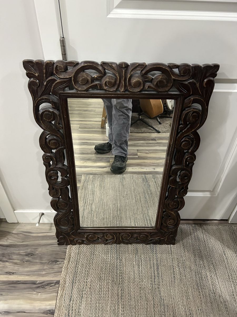 Ornate Decorative Wall Mirror - Dark Wood Finish & Distressed Blue Frame Set (2 mirrors)