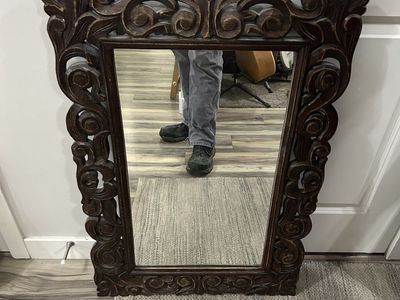 Ornate Decorative Wall Mirror - Dark Wood Finish & Distressed Blue Frame Set (2 mirrors)