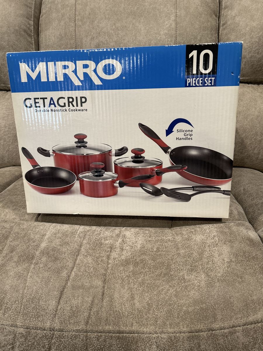 MIRRO GET-A-GRIP 10-Piece Red Nonstick Cookware Set with Silicone Handles & Glass Lids - New