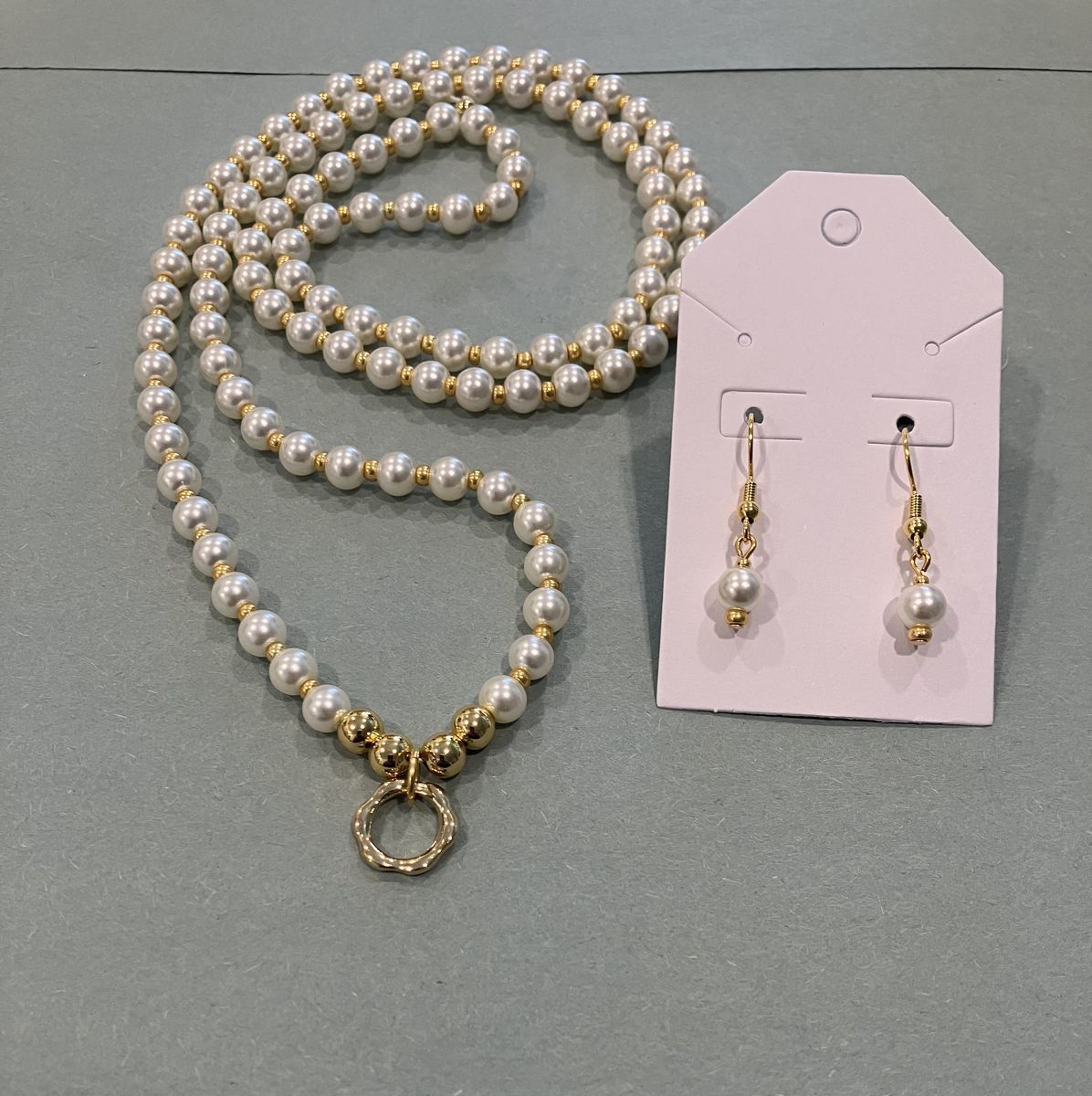 Handmade Gold and Pearl Beaded Necklace and Drop Earrings