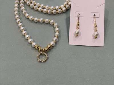 Handmade Gold and Pearl Beaded Necklace and Drop Earrings