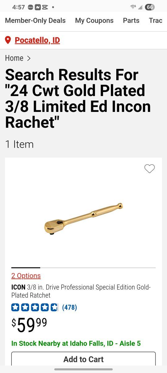 INCON 24 CWT GOLD PLATED 3/8 INCH RACHET Low Profi