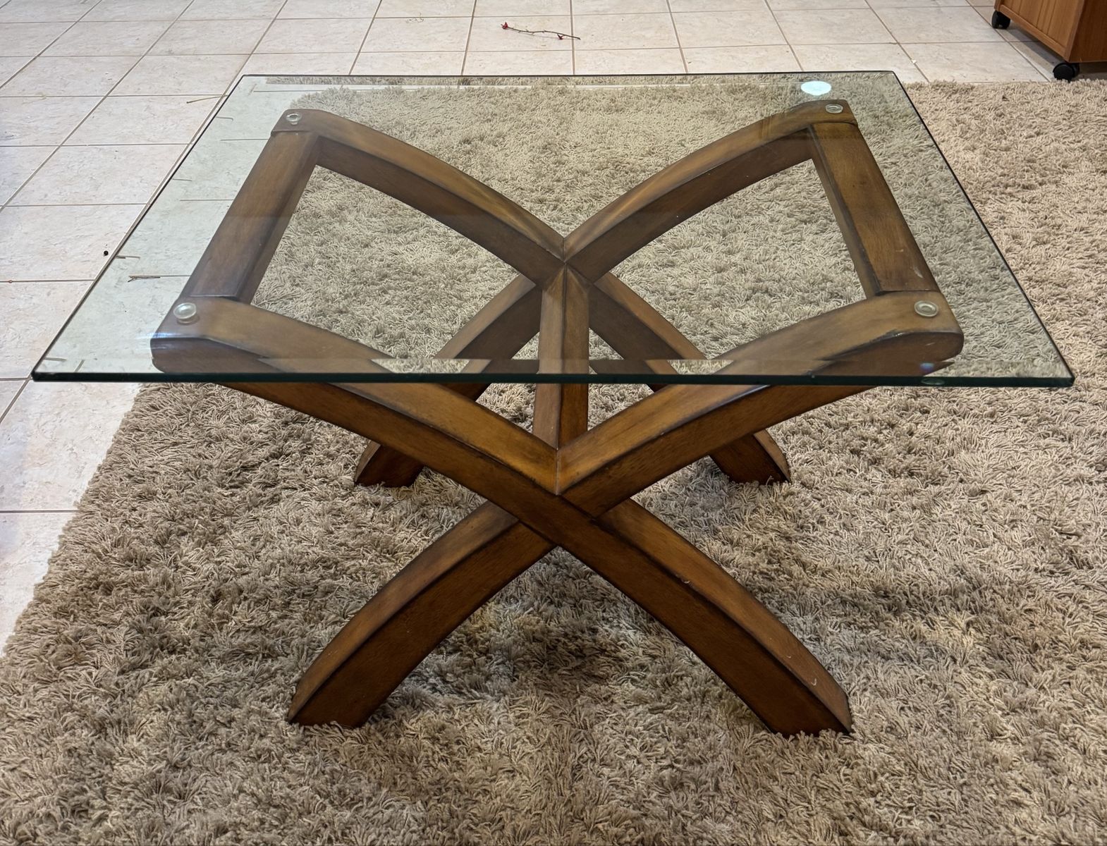 Rectangle beveled Glass end Table with X-Base Wood Frame