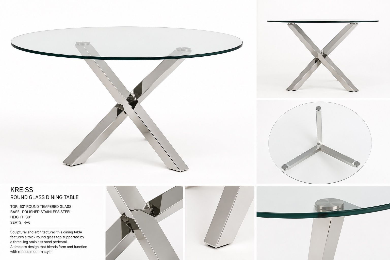 Kreiss 60" Round Dining Table - Thick Tempered Glass Top, Polished Stainless Steel Base