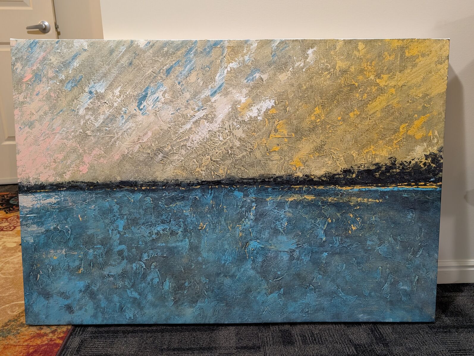 Blue ocean beach lake shore abstract textured wall painting