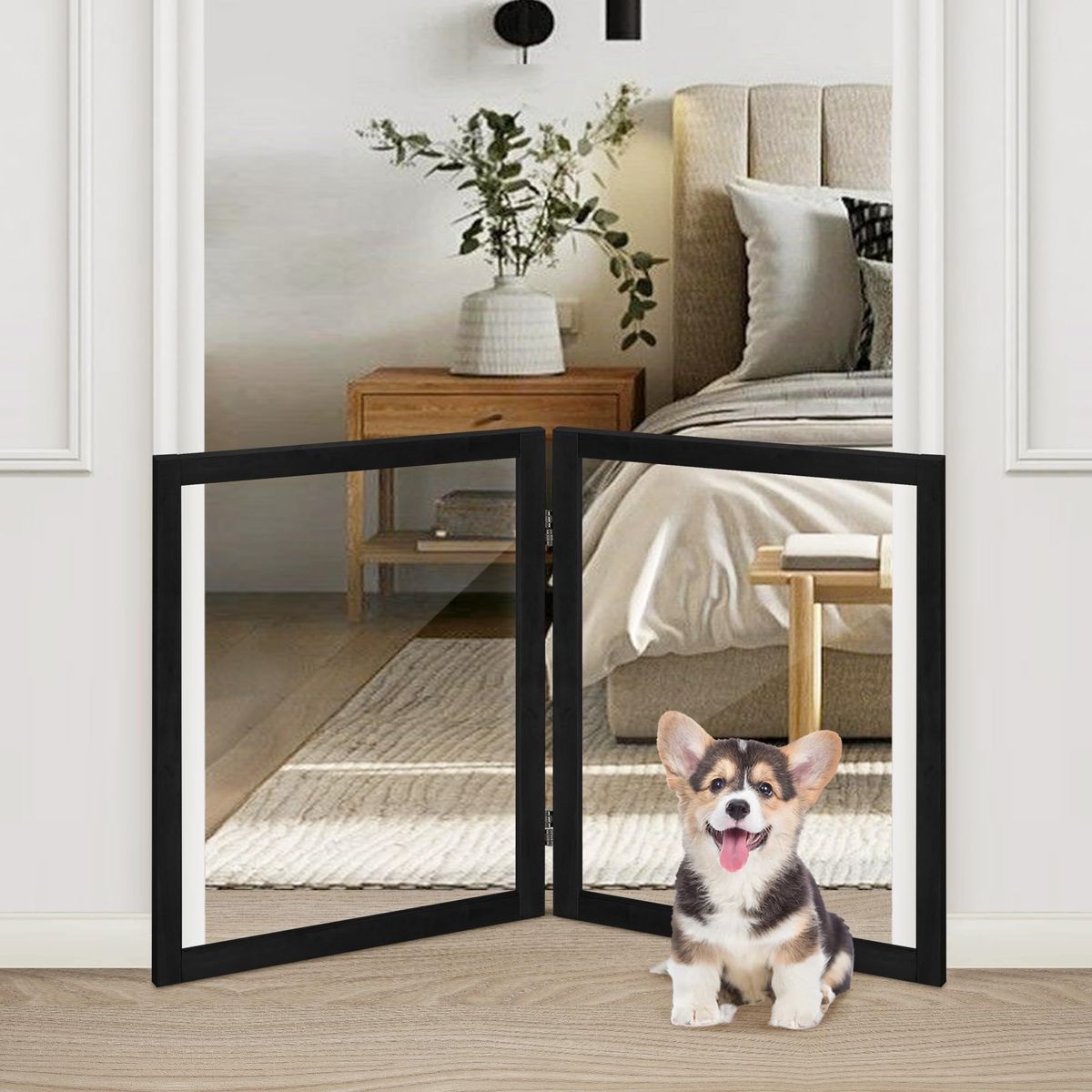 LZRS Clear Dog Gate for Indoor Use - Transparent Pet Fence with Solid Hardwood and Plastic Board, Stylish & Durable freestanding