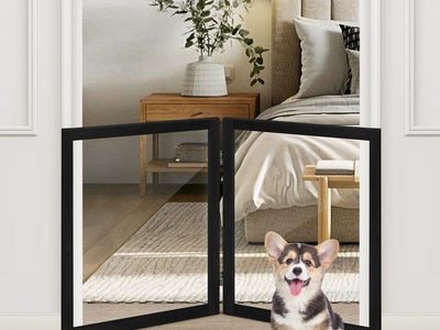 LZRS Clear Dog Gate for Indoor Use - Transparent Pet Fence with Solid Hardwood and Plastic Board, Stylish & Durable freestanding