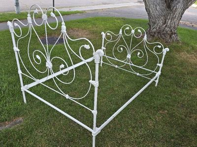 Vintage White Wrought Iron Bed Frame - Ornate Scrollwork Headboard & Footboard