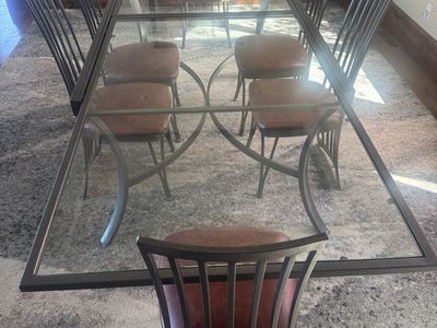 Vintage Johnson Casuals 10ft/5ft glass dinning room table plus 6 chairs