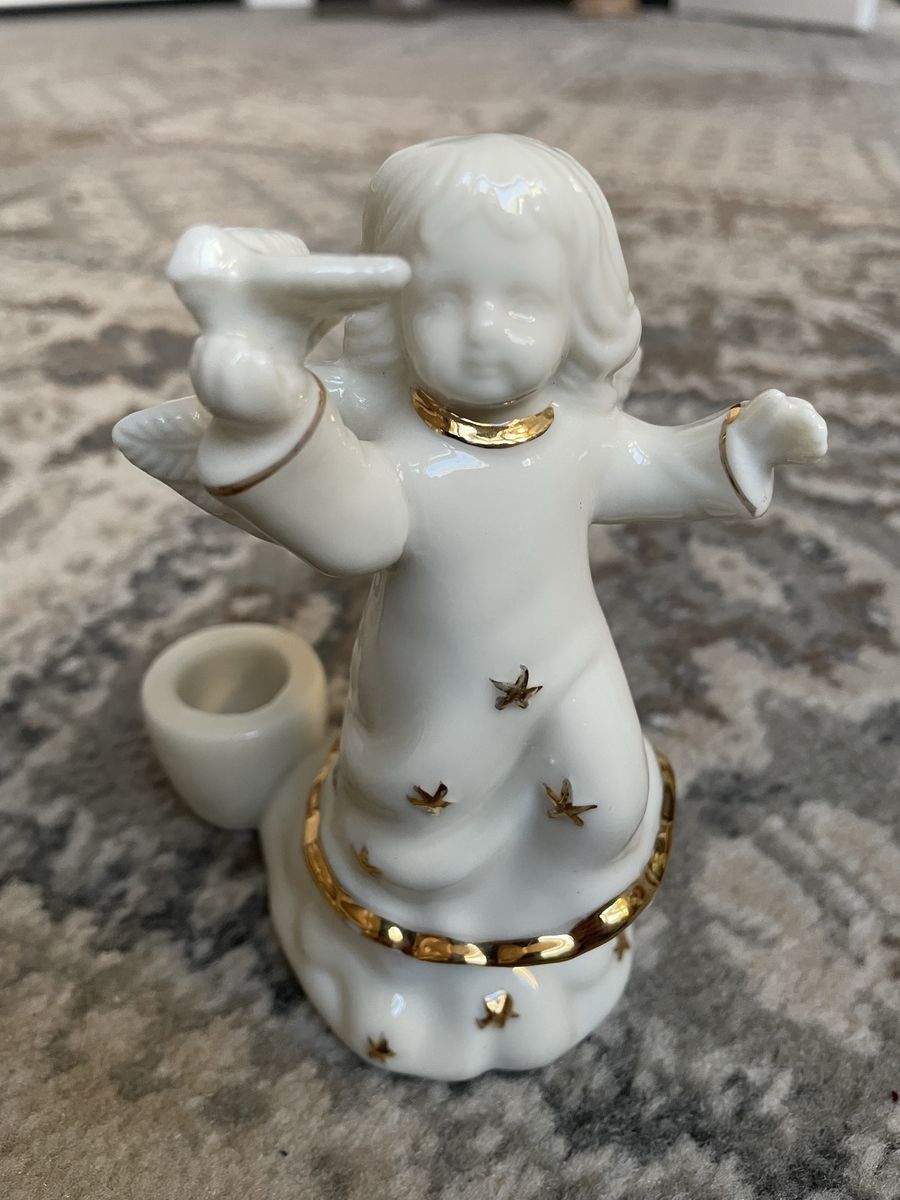 Angel Holding Dove White Gold Stars Candle Holder