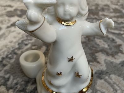 Angel Holding Dove White Gold Stars Candle Holder