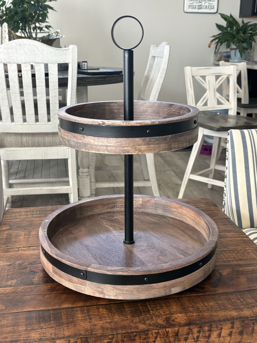 2-Tier Wood & Metal Round Tray Stand - Farmhouse Rustic Decor Centerpiece