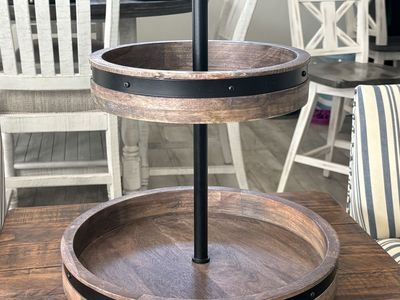 2-Tier Wood & Metal Round Tray Stand - Farmhouse Rustic Decor Centerpiece