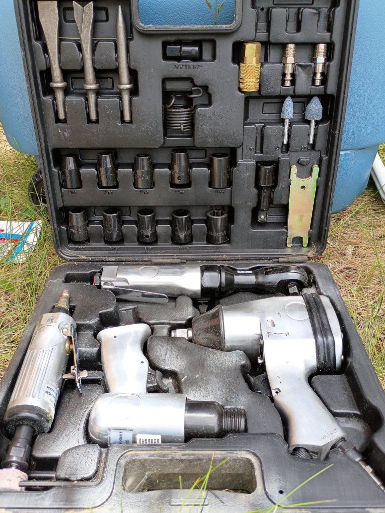 Air Tool Kit with Impact Wrench, Ratchet, Die Grinder, Hammer, Chisel, & Sockets in Hard Case