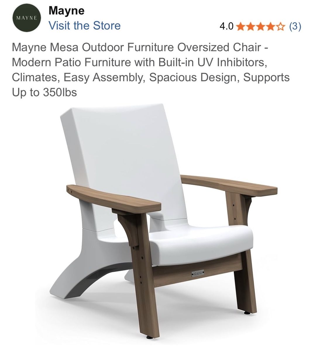 Mayne Mesa Oversized Outdoor 2 Patio Chair - White/Wood, UV-Resistant, 350lb Capacity With Table