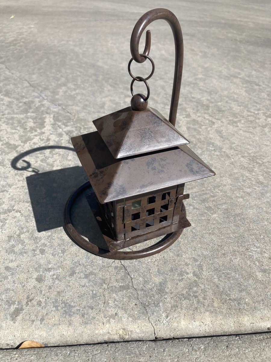 Square candle lantern with Shepard’s hook arm