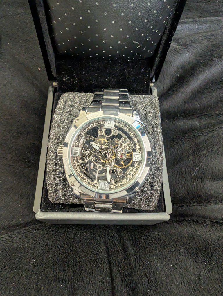 Silver Tone Skeleton Dial Mechanical Wristwatch with Box