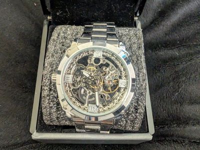 Silver Tone Skeleton Dial Mechanical Wristwatch with Box