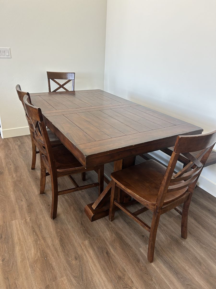 Dark Wood Dining Kitchen Table with 4 Chairs and Bench - Expandable