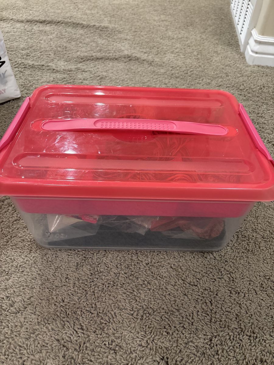 Jewelry craft supplies and Clear Plastic Storage Container with Pink Lid and Handle, Versatile Craft/Organizer Bin