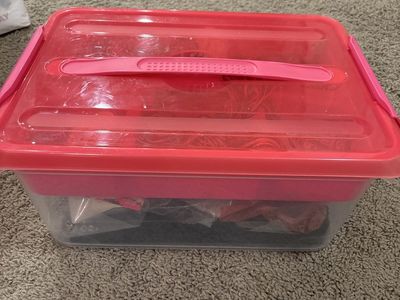 Jewelry craft supplies and Clear Plastic Storage Container with Pink Lid and Handle, Versatile Craft/Organizer Bin