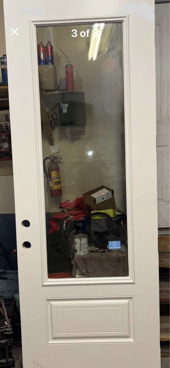 Exterior fiberglass entry door LH in swing, with 3/4 glass, 35 3/4”Wx 95 3/4”H,  New installed then replaced