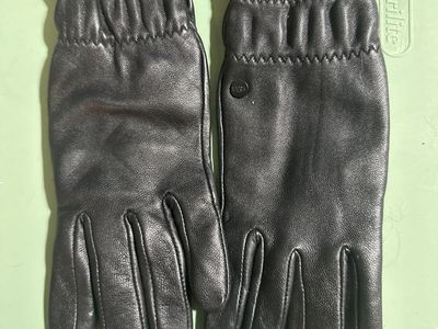 UGG Black Leather Gloves with Ruffle Wrist Detail Small