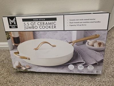 Caraway Cream 5.5 Quart Ceramic Non-Stick Fry Pan with Lid, Gold Handle, 10.5-inch