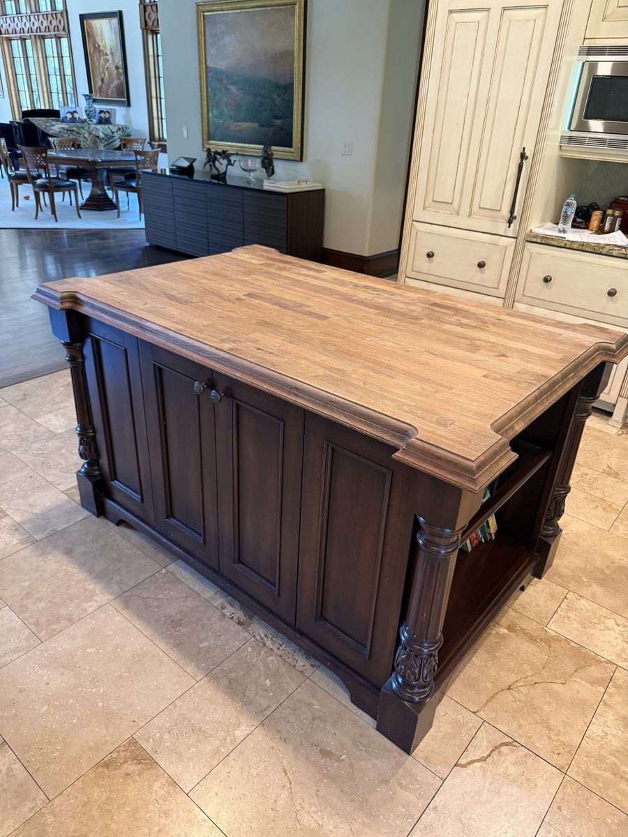 Large Custom Kitchen Island with Wood Top, Dark Brown Cabinets & Decorative Columns OBO