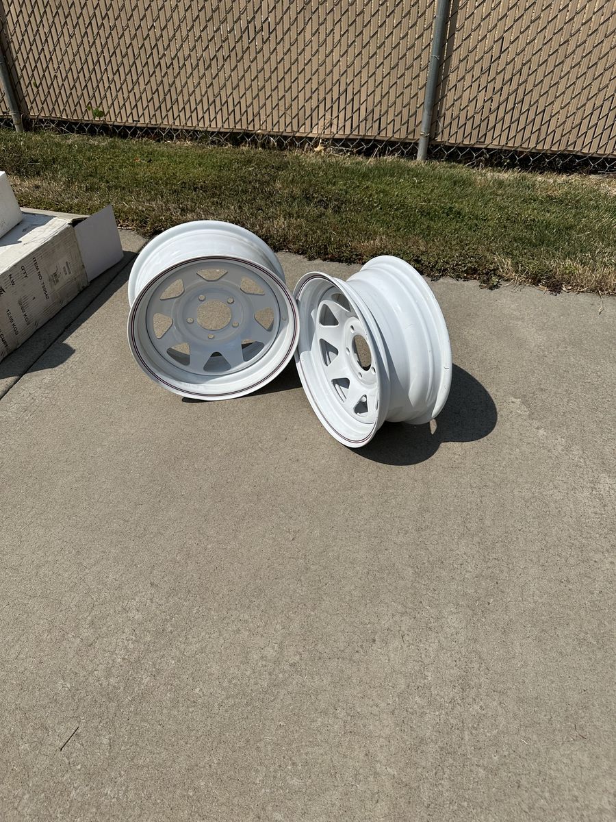 Set of 2 White Steel Spoke Trailer/Truck Wheels. 14”