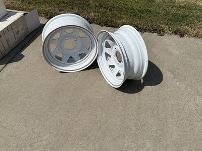 Set of 2 White Steel Spoke Trailer/Truck Wheels. 14”