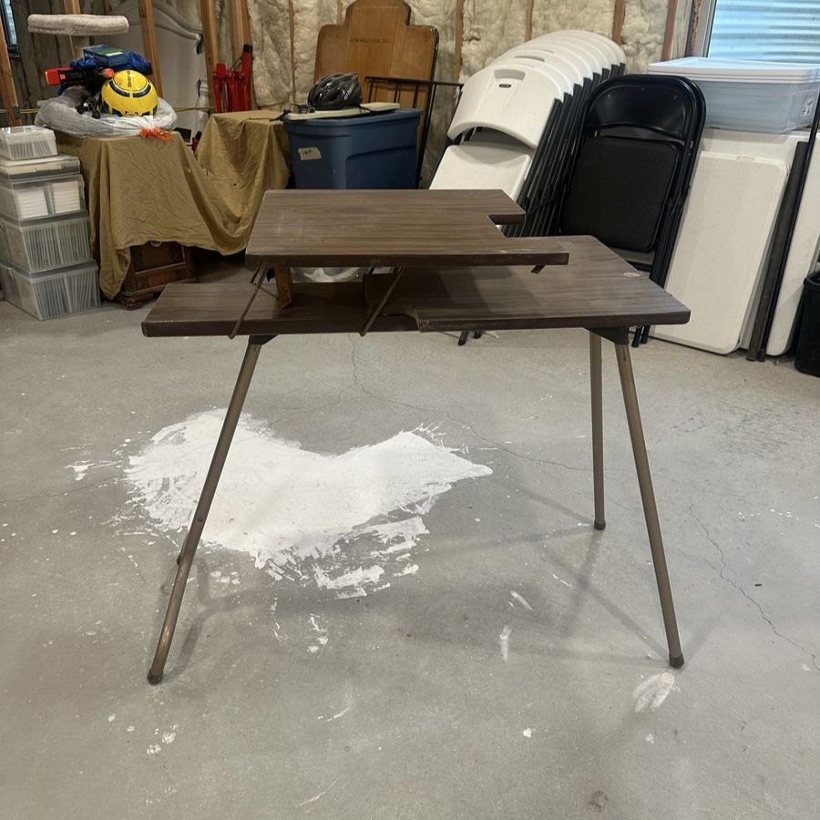 Vintage Foldable Sewing Machine Table - Dark Wood Grain & Metal Legs